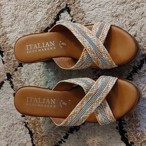 Italian Shoemakers colorful cross top wedges with rhinestones